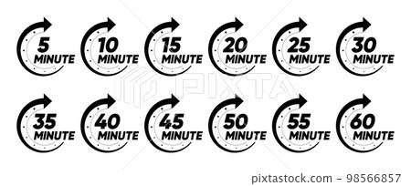 10, 15, 20, 25, 30, 35, 40, 45, 50 min. Timer, clock, stopwatch isolated set icons. Kitchen timer icon with different minutes. Cooking time symbols. Great design for any purposes. Vector illustration. 98566857