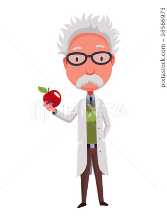 Old scientist holding apple. Funny moustached character wearing glasses and lab coat. Discovery in science. Vector illustration in cartoon style Old scientist holding apple. Funny moustached character wearing glasses and lab coat. Discovery in science. Vector illustration in cartoon style 98566973