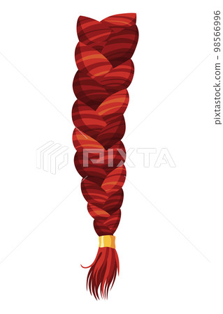 Hair braid. Long female fashion plait. Vector illustration of human hair in natural color. Cartoon art illustration with ribbon isolated on white background 98566996