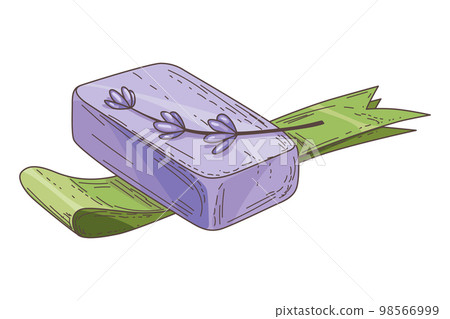 Lavender product or provence souvenir. Natural handmade soap from lavender flowers. Vintage aromatherapy and spa. Cosmetic skincare product. Isolated vector illustration on white background Lavender product or provence souvenir. Natural handmade soap from lavender flowers. Vintage aromatherapy and spa. Cosmetic skincare product. Isolated vector illustration on white background 98566999
