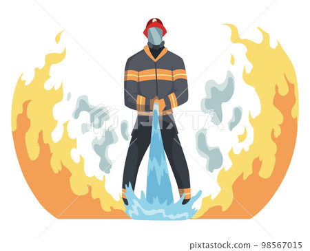 Brave firefighter in action. Man from fire brigade, standing full face in form of fireman, with personal protective equipment. Safety, rescue and emergency service concept Brave firefighter in action. Man from fire brigade, standing full face in form of fireman, with personal protective equipment. Safety, rescue and emergency service concept 98567015