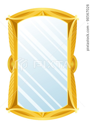 Gold mirror. Decorative vintage wall mirror, old fashion decor mirrored frame. Reflective mirror surface in golden frame. Fashioned rectangular ornate interior object, vector illustration 98567026