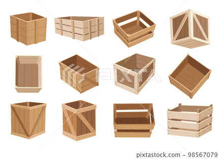 Wooden boxes. Retail, logistics, delivery, storage concept. Delivery containers, empty parcels, shipping crates isolated vector illustration set. Cargo distribution packs for food or products Wooden boxes. Retail, logistics, delivery, storage concept. Delivery containers, empty parcels, shipping crates isolated vector illustration set. Cargo distribution packs for food or products 98567079