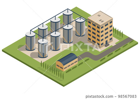 Isometric grain elevator, silos complex. Storage of grown harvest. Transrportation of agricultural products. Granary, industrial building factory. Vector stylized icon Isometric grain elevator, silos complex. Storage of grown harvest. Transrportation of agricultural products. Granary, industrial building factory. Vector stylized icon 98567083