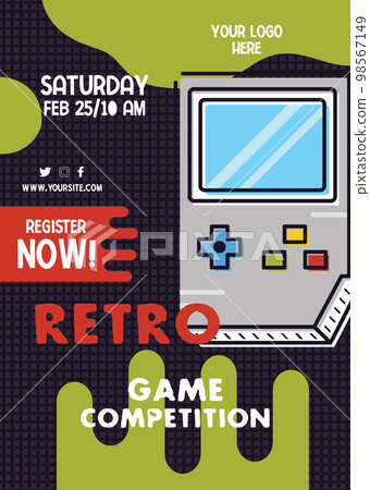 Retro Gaming Flyer template with vintage game console. Game competition invitation card design. Stock vector poster graphics 98567149