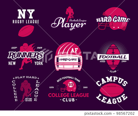 American football logo templates set in modern flat style. Rugby badges isolated on dark background. Sports labels collection. Stock vector illustration 98567202