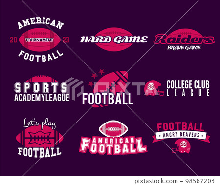 9 American football logo templates set. Rugby badges isolated on dark background. Sports labels collection. Stock vector illustration 98567203