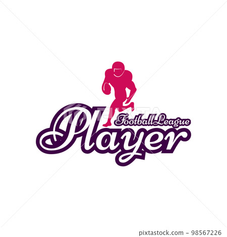 American football logo template with player. Rugby badge graphics isolated on white background. Sports label design. Stock vector illustration 98567226