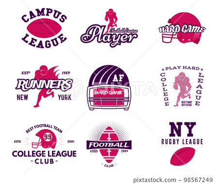 American football logo templates set in red and violet style. Rugby badges isolated on white background. Sports labels collection. Stock vector illustration 98567249
