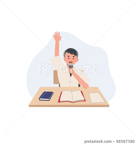 education concept. Student boy is hand up to asking or answer the question with microphone in hand. Thai Student 98567380