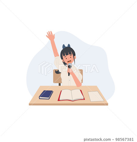 education concept. Student girl is hand up to asking or answer the question with microphone in hand. Thai Student 98567381