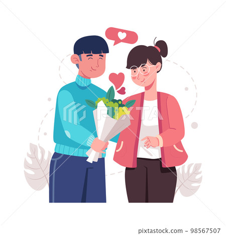 A romantic boyfriend gives a bunch of flowers to his darling girlfriend. Happy young couple portrait. Valentine's Day and happy anniversary concept. 98567507