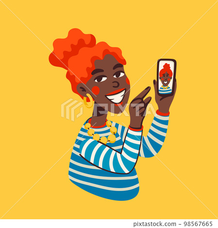 Young black woman taking selfie or recording video for social media with smartphone. Happy female character with mobile phone. Blogger or vlogger cartoon character making internet content vector flat Young black woman taking selfie or recording video for social media with smartphone. Happy female character with mobile phone. Blogger or vlogger cartoon character making internet content vector flat 98567665