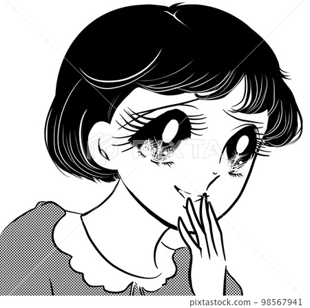 Showa Retro Horror 70's Girl's Cartoon Black and white illustration of a beautiful girl with a black hair and a bobbed hair whispering scary gossip and a transparent background 98567941