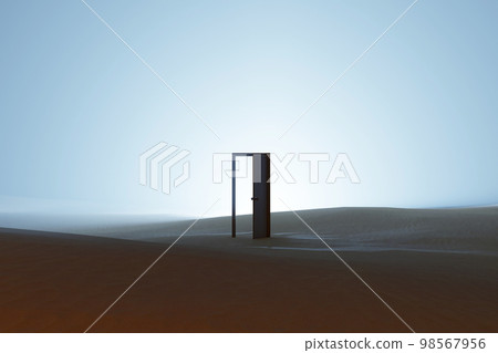 Opened door on desert. Unknown and start up concept. This is a 3d illustration Opened door on desert. Unknown and start up concept. This is a 3d illustration 98567956