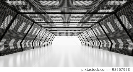 Dark Futuristic Modern Garage Showroom Tunnel Corridor. Entrance 3D Illustration Dark Futuristic Modern Garage Showroom Tunnel Corridor. Entrance 3D Illustration 98567958