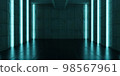 Scifi neon glowing lamps in a dark corridor.3d illustration 98567961