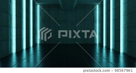 Scifi neon glowing lamps in a dark corridor.3d illustration Scifi neon glowing lamps in a dark corridor.3d illustration 98567961