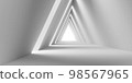 Empty Long Light Corridor. Modern white background. Futuristic Sci-Fi Triangle Tunnel. 3D Render 98567965