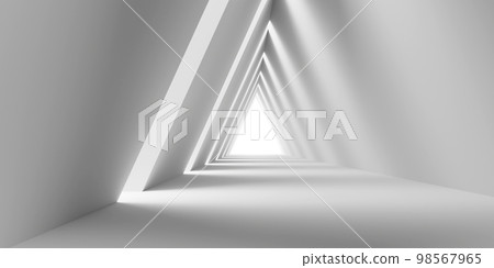 Empty Long Light Corridor. Modern white background. Futuristic Sci-Fi Triangle Tunnel. 3D Render Empty Long Light Corridor. Modern white background. Futuristic Sci-Fi Triangle Tunnel. 3D Render 98567965