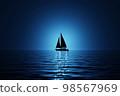 A lone silhouette sailboat on a calm blue sea. 3d render 98567969