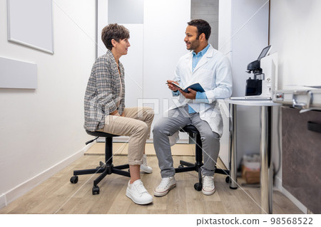 Mid aged woman having an appointment with an optometrist Mid aged woman having an appointment with an optometrist 98568522