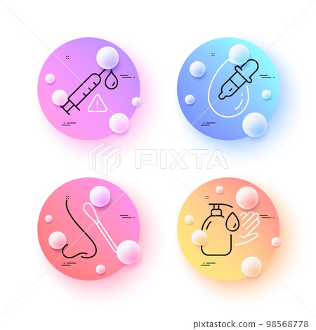 Wash hands, Nasal test and Eye drops minimal line icons. 3d spheres or balls buttons. Vaccine attention icons. For web, application, printing. Liquid soap, Covid testing, Pipette. Vector Wash hands, Nasal test and Eye drops minimal line icons. 3d spheres or balls buttons. Vaccine attention icons. For web, application, printing. Liquid soap, Covid testing, Pipette. Vector 98568778