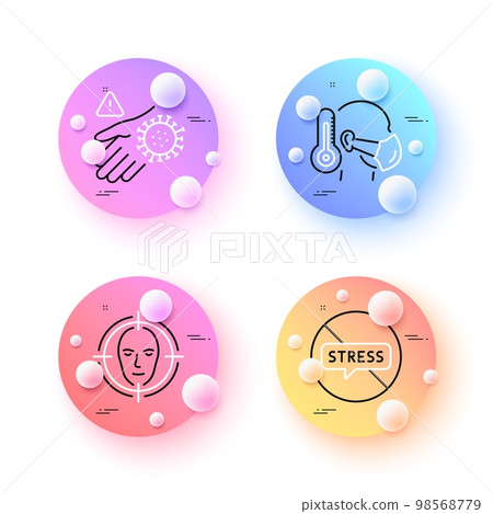 Sick man, Face detect and Stop stress minimal line icons. 3d spheres or balls buttons. Wash hand icons. For web, application, printing. Epidemic protection, Select target, Mental anxiety. Vector Sick man, Face detect and Stop stress minimal line icons. 3d spheres or balls buttons. Wash hand icons. For web, application, printing. Epidemic protection, Select target, Mental anxiety. Vector 98568779