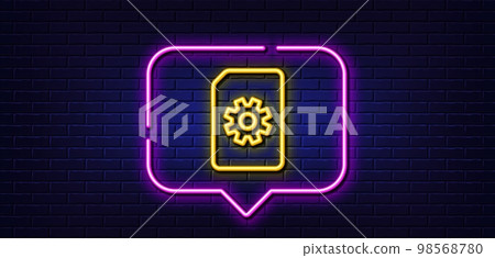 Neon light speech bubble. Document Management line icon. Information File with Cogwheel sign. Paper page concept symbol. Neon light background. File Management glow line. Brick wall banner. Vector Neon light speech bubble. Document Management line icon. Information File with Cogwheel sign. Paper page concept symbol. Neon light background. File Management glow line. Brick wall banner. Vector 98568780
