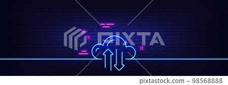 Neon light glow effect. Cloud computing sync line icon. Internet data storage sign. File hosting technology symbol. 3d line neon glow icon. Brick wall banner. Cloud sync outline. Vector 98568888