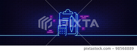 Neon light glow effect. Accounting line icon. Clipboard document sign. Calculate budget symbol. 3d line neon glow icon. Brick wall banner. Accounting outline. Vector 98568889