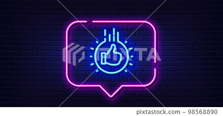 Neon light speech bubble. Like hand line icon. Thumbs up finger sign. Brand ambassador gesture symbol. Neon light background. Like hand glow line. Brick wall banner. Vector 98568890