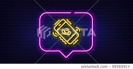 Neon light speech bubble. Call center service line icon. Phone support sign. Feedback symbol. Neon light background. Call center glow line. Brick wall banner. Vector 98568923