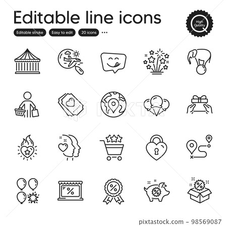 Set of Holidays outline icons. Contains icons as Fireworks stars, Sale and Shopping rating elements. Piggy sale, Discount medal, Carousels web signs. Heart, Buyer, Balloon dart elements. Vector 98569087