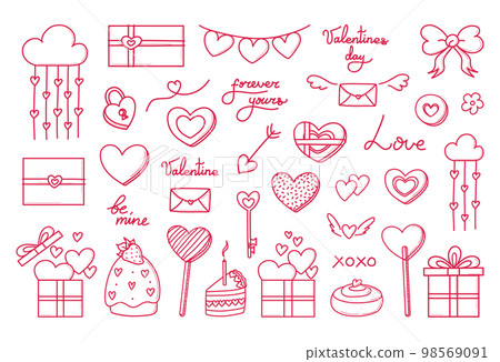 Valentines day vector hand drawn set of doodles. Cute romantic love icons for anniversary, wedding. Valentines day vector hand drawn set of doodles. Cute romantic love icons for anniversary, wedding. 98569091