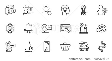 Outline set of Ranking star, Timeline and Shop cart line icons for web application. Talk, information, delivery truck outline icon. Include Winner podium, Ab testing, Hold box icons. Vector Outline set of Ranking star, Timeline and Shop cart line icons for web application. Talk, information, delivery truck outline icon. Include Winner podium, Ab testing, Hold box icons. Vector 98569126