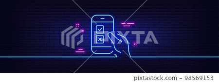 Neon light glow effect. Mobile survey line icon. Select answer sign. Business interview symbol. 3d line neon glow icon. Brick wall banner. Mobile survey outline. Vector Neon light glow effect. Mobile survey line icon. Select answer sign. Business interview symbol. 3d line neon glow icon. Brick wall banner. Mobile survey outline. Vector 98569153