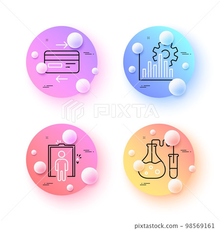 Seo graph, Elevator and Credit card minimal line icons. 3d spheres or balls buttons. Chemistry lab icons. For web, application, printing. Analytics chart, Lift, Bank payment. Laboratory. Vector 98569161