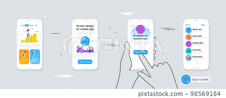 Set of Report diagram, Wallet and Loyalty star line icons. Phone ui interface. Include Report document, Difficult stress, Donation icons. Payment method, Card, Payment card web elements. Vector 98569184