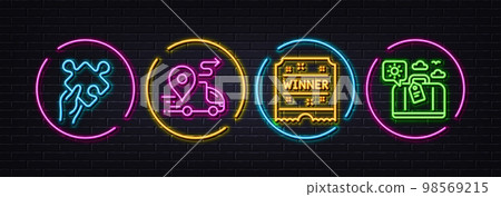 Delivery, Winner ticket and Puzzle minimal line icons. Neon laser 3d lights. Travel luggage icons. For web, application, printing. Truck route, Carousels award, Jigsaw game. Trip bag. Vector Delivery, Winner ticket and Puzzle minimal line icons. Neon laser 3d lights. Travel luggage icons. For web, application, printing. Truck route, Carousels award, Jigsaw game. Trip bag. Vector 98569215