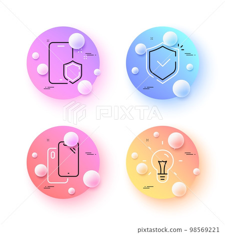Shield, Smartphone and Idea minimal line icons. 3d spheres or balls buttons. Phone protect icons. For web, application, printing. Safe secure, Phone, Light bulb. Safe cellphone. Vector 98569221