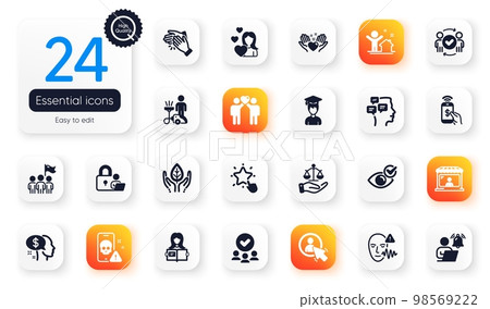 Set of People flat icons. Messages, Cyber attack and Phone payment elements for web application. Friends couple, Ranking star, Cleaning icons. Approved group, Student. Square buttons with icon. Vector 98569222
