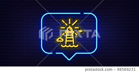 Neon light speech bubble. Lighthouse line icon. Beacon tower sign. Searchlight building symbol. Neon light background. Lighthouse glow line. Brick wall banner. Vector 98569231