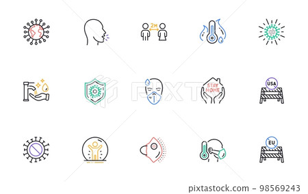 Coronavirus line icons set. Covid-19 virus pandemic. Medical protective mask, washing hands hygiene, eu shut borders. Stay home, safe distance, coronavirus epidemic mask icons. Vector Coronavirus line icons set. Covid-19 virus pandemic. Medical protective mask, washing hands hygiene, eu shut borders. Stay home, safe distance, coronavirus epidemic mask icons. Vector 98569243