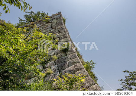 Gently curved old stone wall 98569304