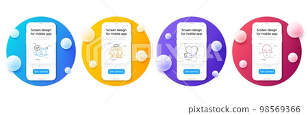 Minimal set of Employees group, Online access and Volunteer line icons for web development. Phone ui interface mockup with balls. Face recognition icons. Vector 98569366