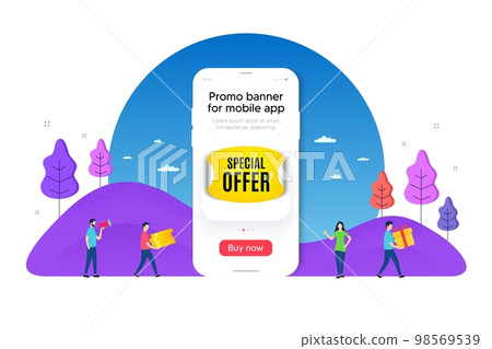 Special offer sticker. Phone ui interface banner. Discount paper banner. Sale coupon tag icon. Mobile smartphone promo banner. Special offer tag. Man with gift box. Vector 98569539