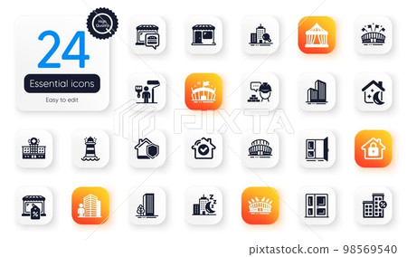 Set of Buildings flat icons. Lock, Buildings and Market elements for web application. Home insurance, Build, Lighthouse icons. Skyscraper buildings, Arena stadium, Night city elements. Vector Set of Buildings flat icons. Lock, Buildings and Market elements for web application. Home insurance, Build, Lighthouse icons. Skyscraper buildings, Arena stadium, Night city elements. Vector 98569540