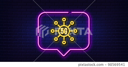 Neon light speech bubble. 5g technology line icon. Wifi wireless network sign. Mobile data transmission symbol. Neon light background. 5g technology glow line. Brick wall banner. Vector 98569541