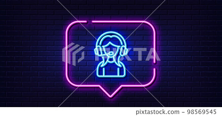 Neon light speech bubble. User Support line icon. Female Profile sign. Woman Person silhouette symbol. Neon light background. Support glow line. Brick wall banner. Vector Neon light speech bubble. User Support line icon. Female Profile sign. Woman Person silhouette symbol. Neon light background. Support glow line. Brick wall banner. Vector 98569545